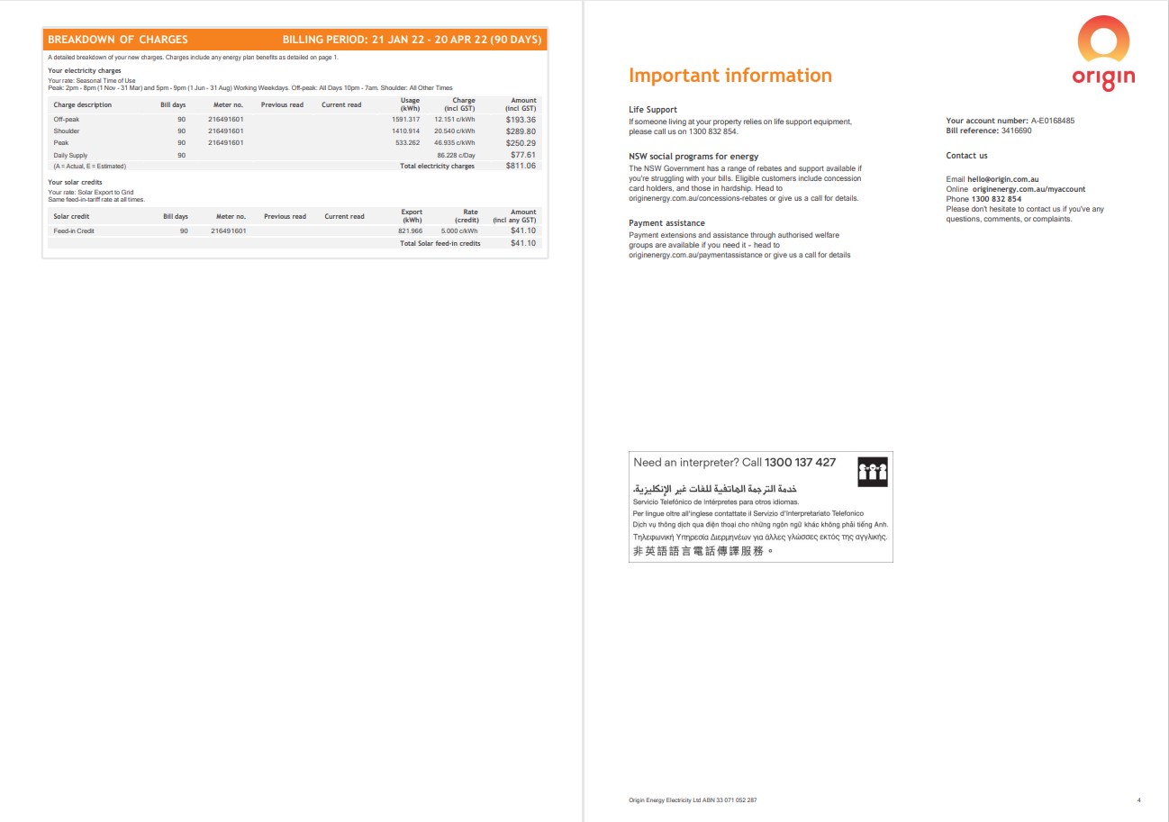 Australia Origin utility bill, Word and PDF template, 4 pages 3 4
